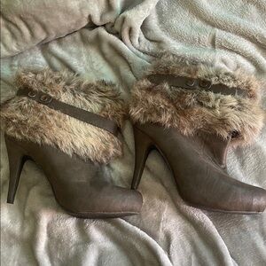 Bakers Taupe Fur-Trimmed Heeled Boots